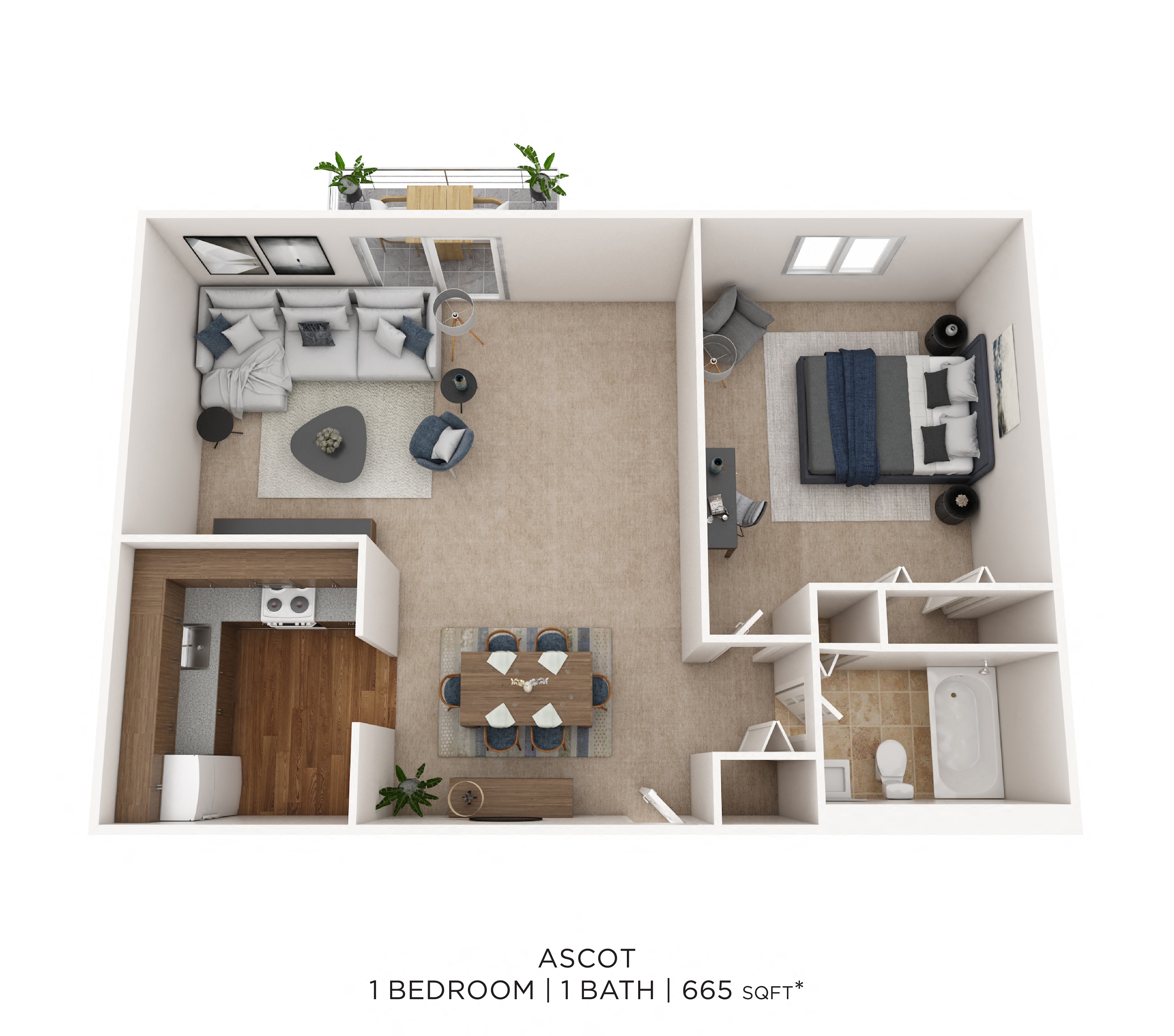 Floor plan for 1 bed, 1 bath, 665 sqft